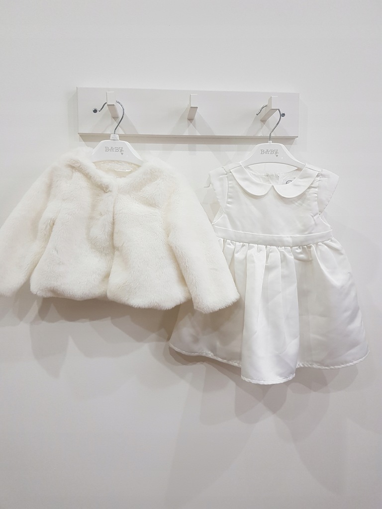 COOL CLUB sukienka biała niemowlęca CHRZEST + futerko 74 cm