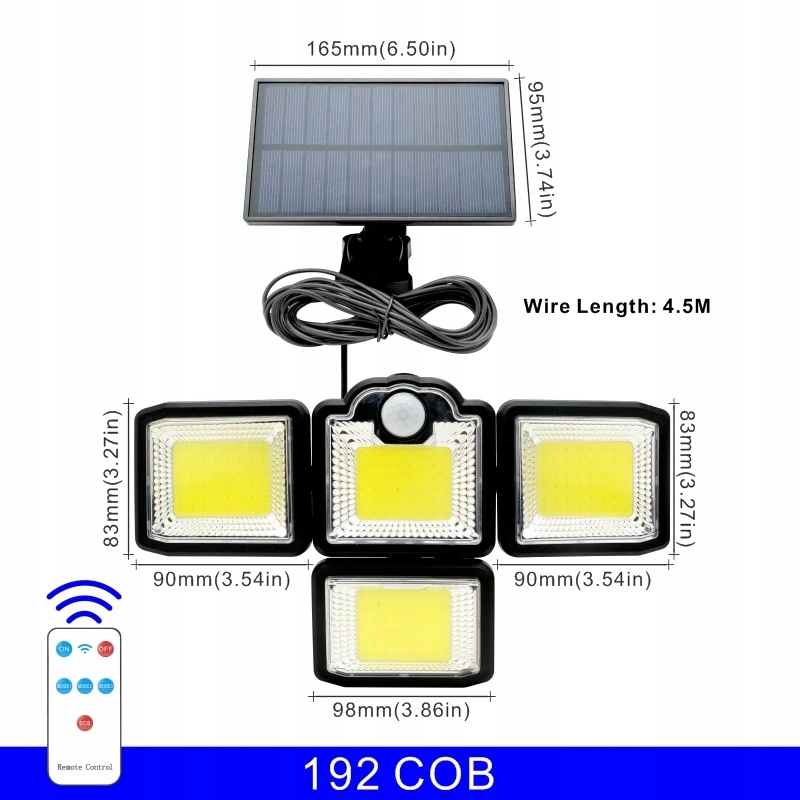 192/198 COB lampy solarne LED Outdoor 4 Head Moti