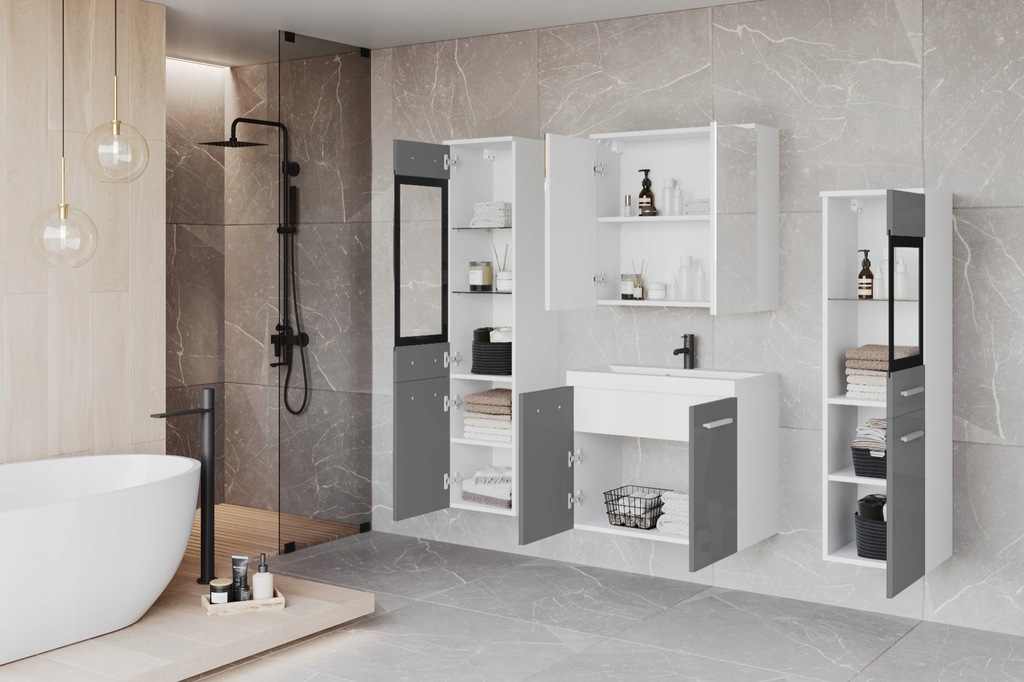 Zestaw mebli łazienkowych z lustrem Madrit II biały / szary połysk