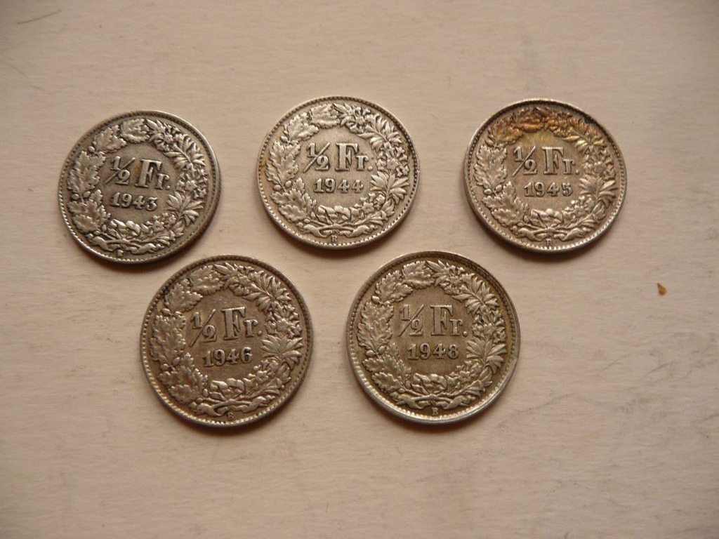5 monet 1/2 franka szwajc 1943 - 46 i 1948