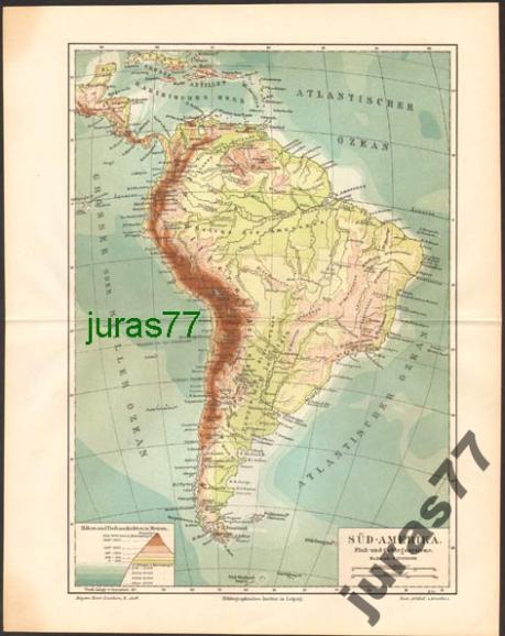 AMERYKA POŁUDNIOWA mapa FIZYCZNA z 1897 roku