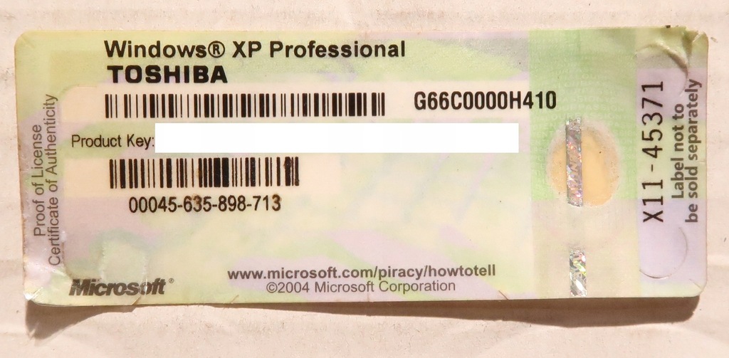 Naklejka Windows XP Professional TOSHIBA klucz