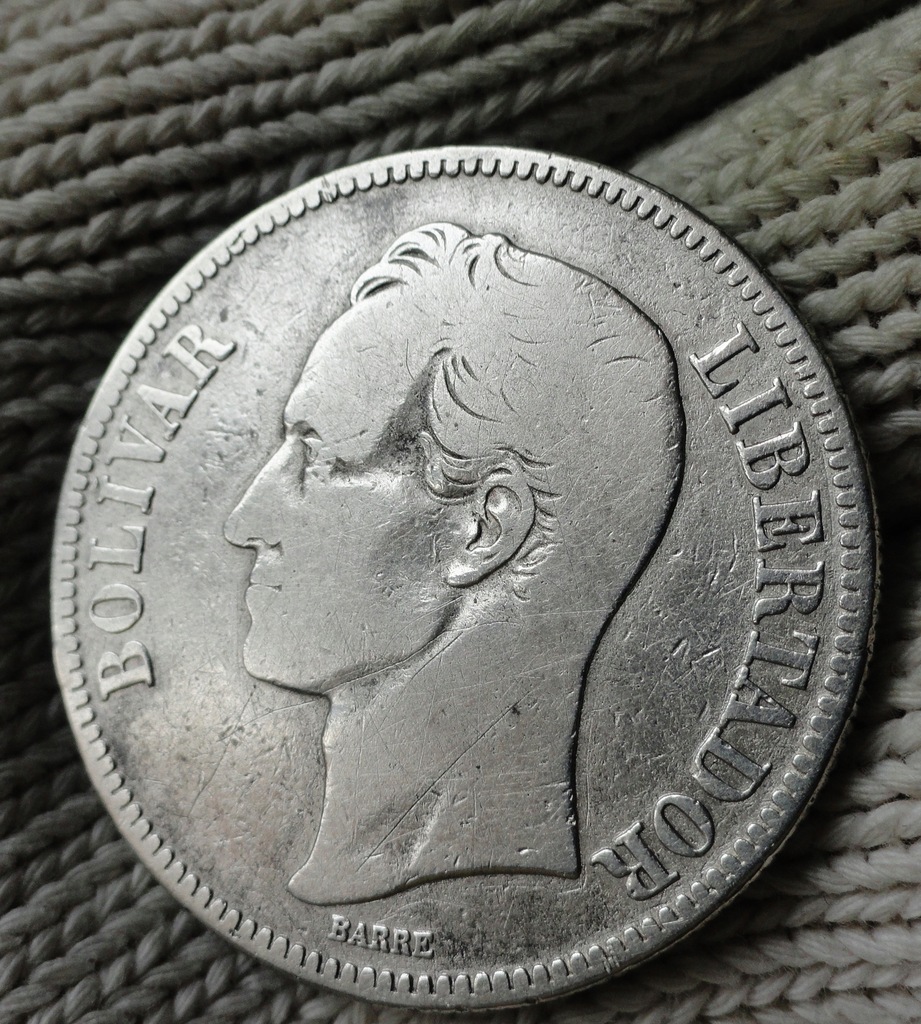 5 BOLIVARES Z 1936 r.WENEZUELA,DUŻE SREBRO 25 gram