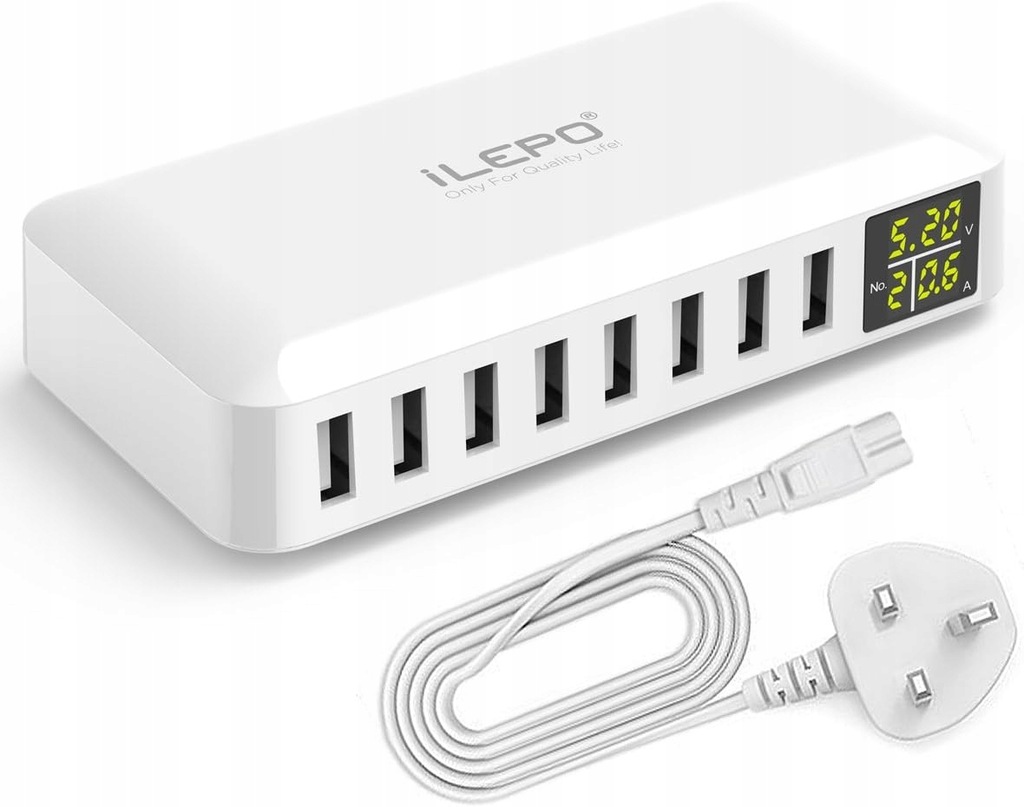 iLepo Smart HUB USB 8-portowa ładowarka z wyświetlaczem LCD 40 W MAX 8 A UK