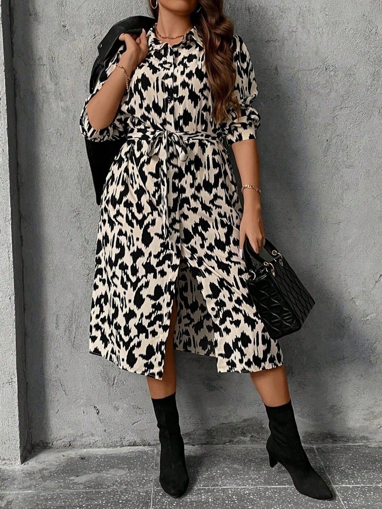 SHEIN CURVE SUKIENKA MIDI BEŻOWO-CZARNA WE WZÓR ZWIERZĘCY XL 216
