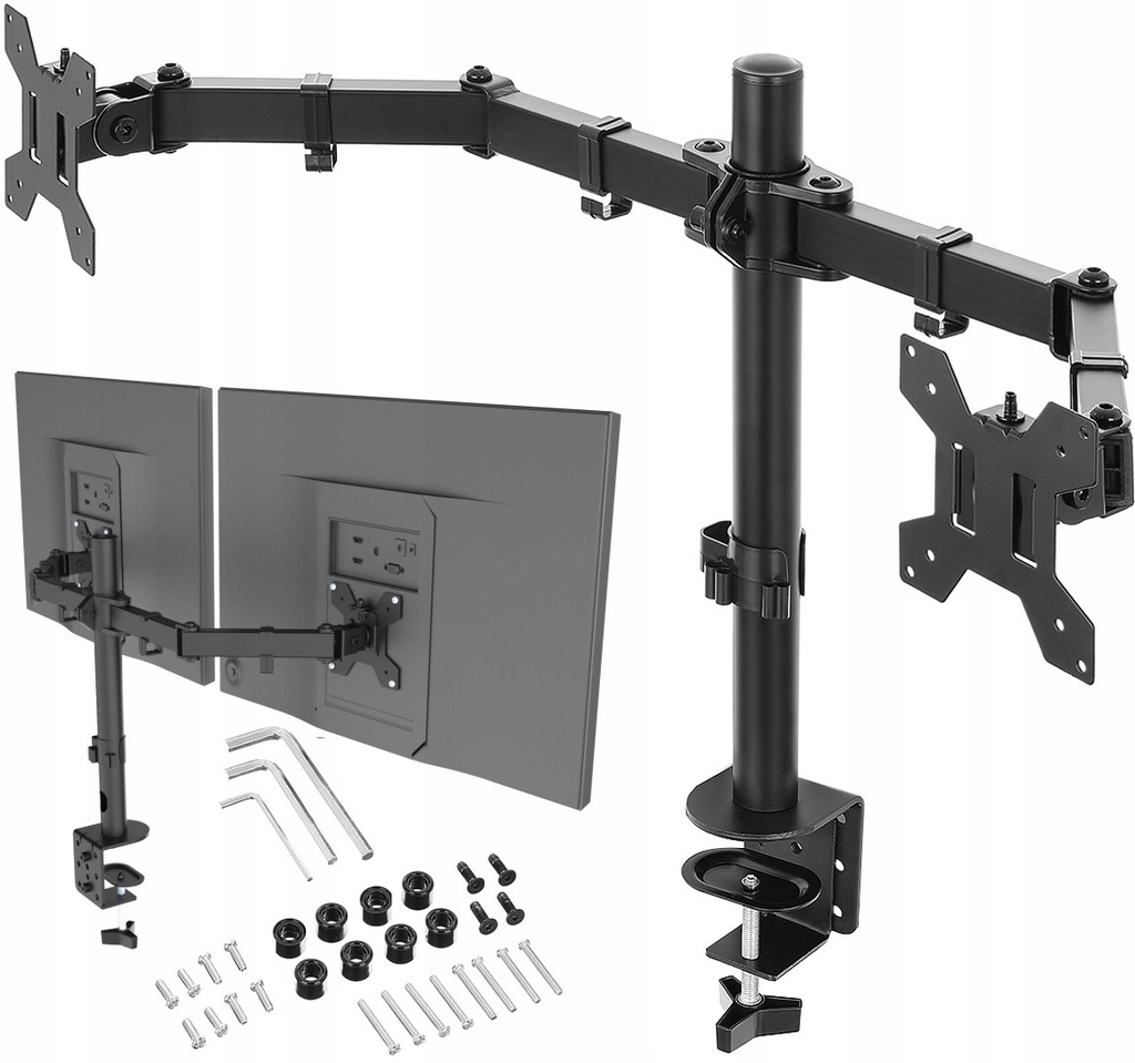 MOCNY UCHWYT NA DWA MONITORY 10-27 CALI UNIWERSALNY REGULOWANY BIURKOWY