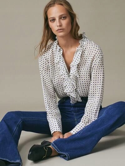 MASSIMO DUTTI koszula ecru wzór żabot 40