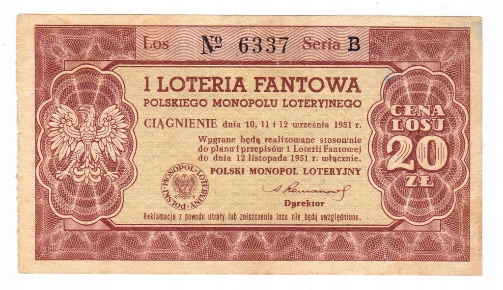 Los I loterii fantowej z 1951 roku 20 złotych