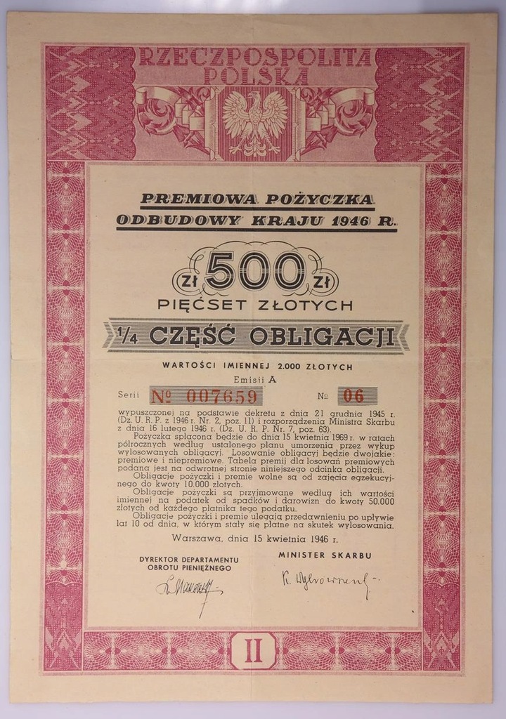 OBLIGACJA 500 ZŁ 15.04.1946 EMISJA A No007659 No06