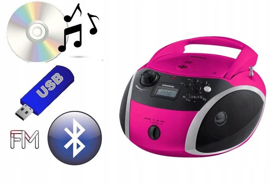 ODTWARZACZ CD Grundig GRB 3000 różowy BOOMBOX RADIO BT USB DAB+