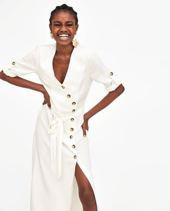 H4J101*ZARA SUKIENKA Z GUZIKAMI MIDI BIAŁA S U01