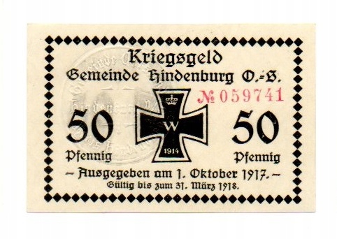 ZABRZE Hindenburg 50 Pfg ważny do 31. März 1918.
