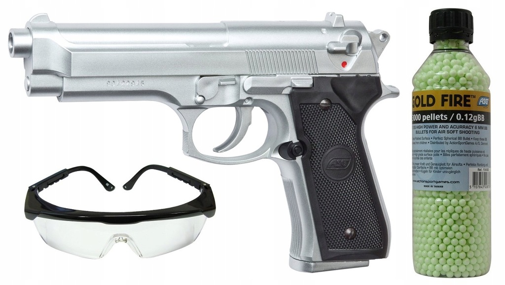 Pistolet ASG M92FS Chrome ZESTAW KULKI + OKULARY