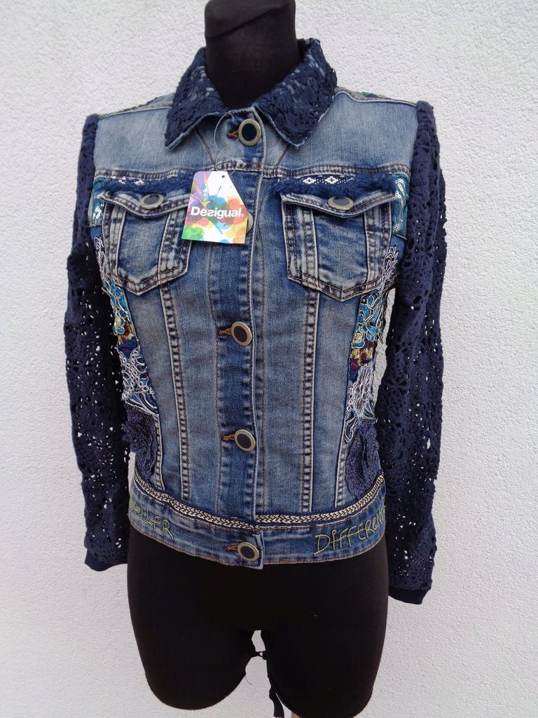 34 XS DESIGUAL KURTKA JEANSOWA Z AŻUROWYM RĘKAWEM