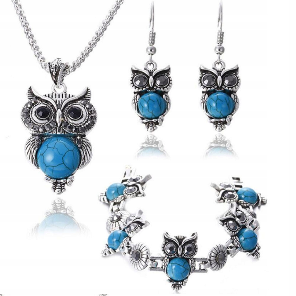 Srebrny komplet biżuterii sówki srebrzone sowy niebieskie kamienie prezent