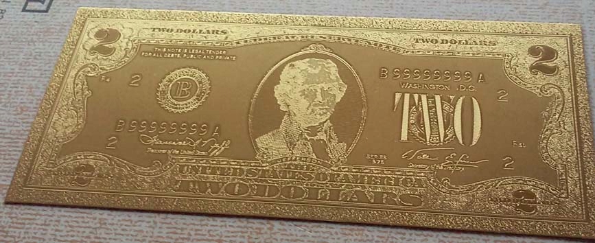 USA - 2 $ Banknot pozłacany 24 karatowym złotem