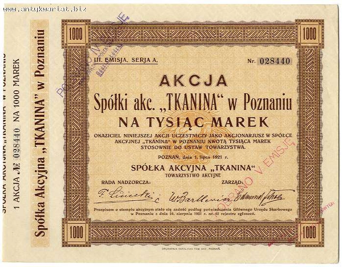 Tkanina S.A. Poznań 1000 marek na okaziciela 1921 11882538884 oficjalne archiwum Allegro