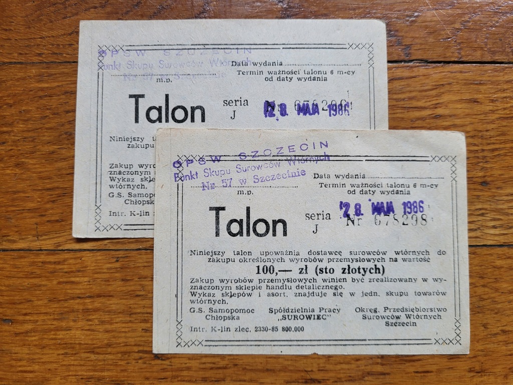 PRL Szczecin 2 x 100 zł 1986 z jednej paczki super stan TALON BON