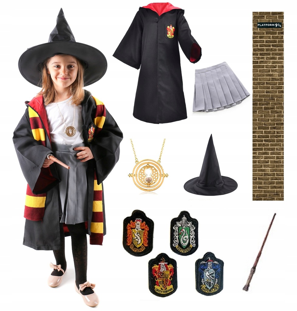 STRÓJ HERMIONA HARRY POTTER ZESTAW 13 ELEM 9-10L+MATERIAŁOWY PERON na DRZWI