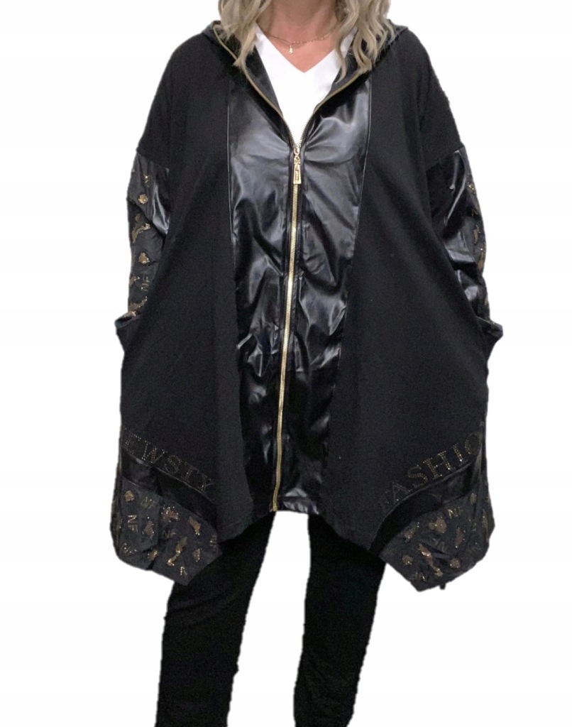 KURTKA NA ZAMEK ZŁOTE CYRKONIE SKÓRA Z KAPTUREM 6XL 54