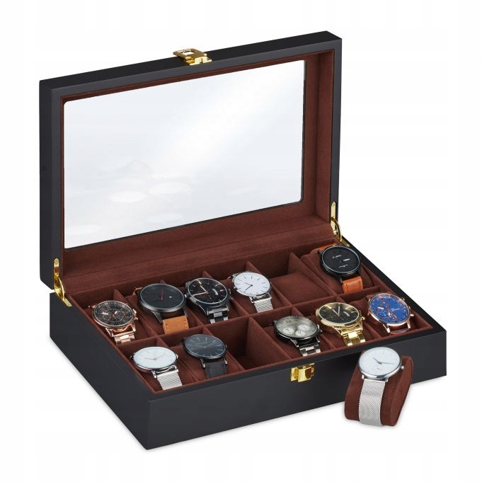 Pudełko etui organizer na zegarek zegarki szkatułka 12szt czarne OUTLET
