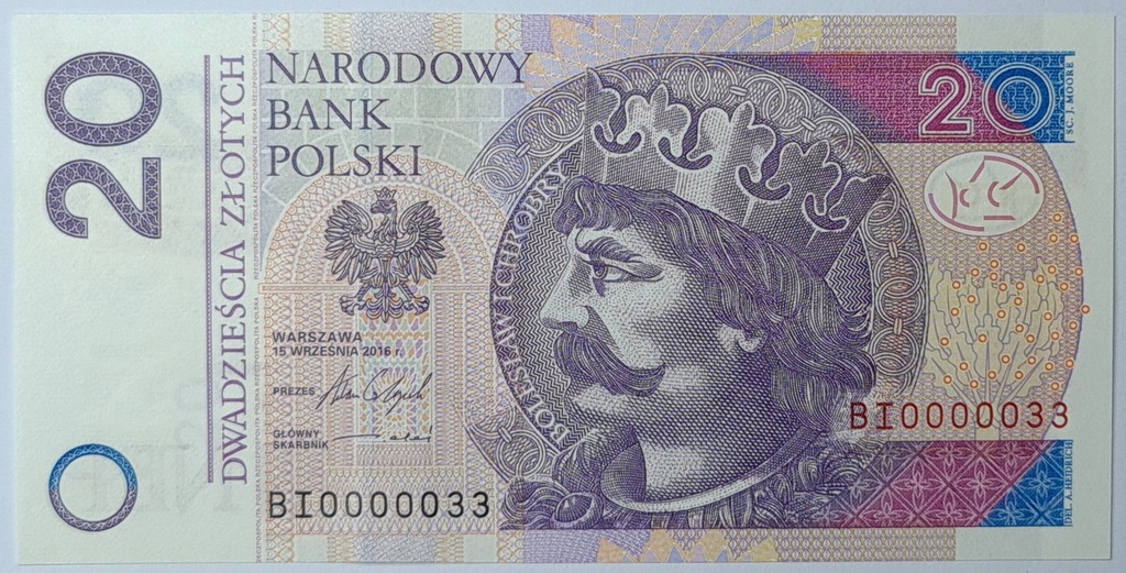 Banknot 20 zł niski numer BI0000033 2016r. UNC