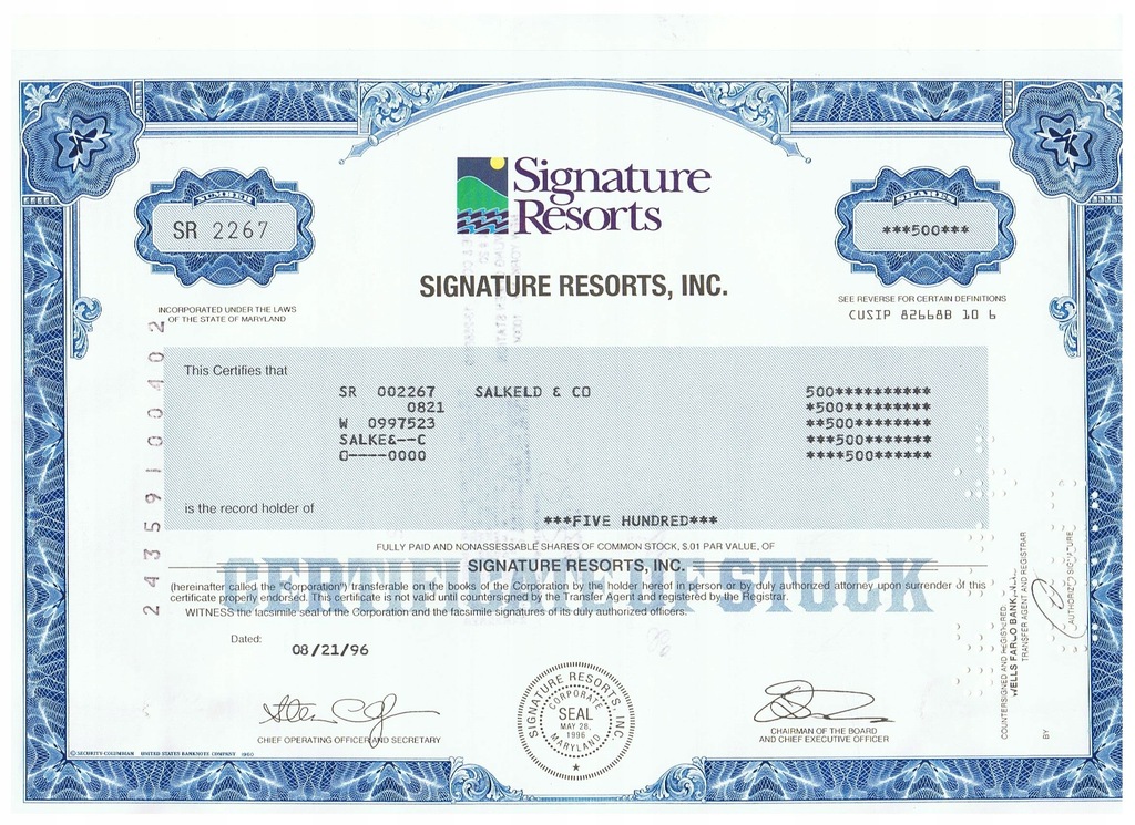 Signature Resorts, Inc. 1996