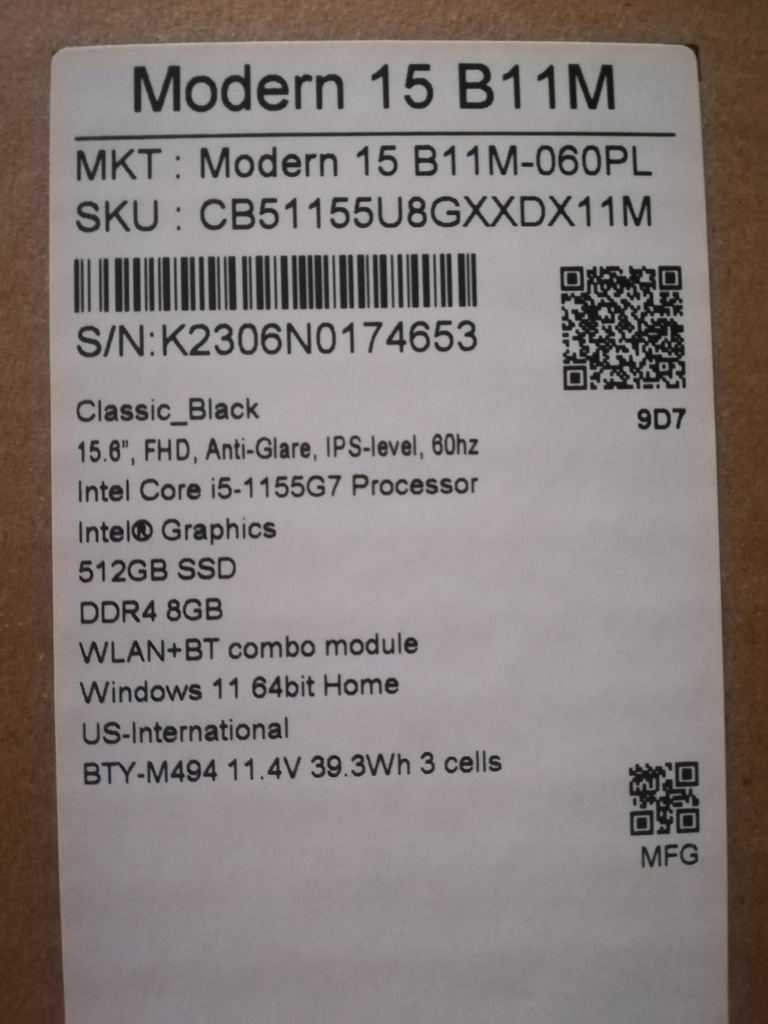 Laptop MSI Modern 15,6 " Intel Core i5 8 GB / 512 GB czarny