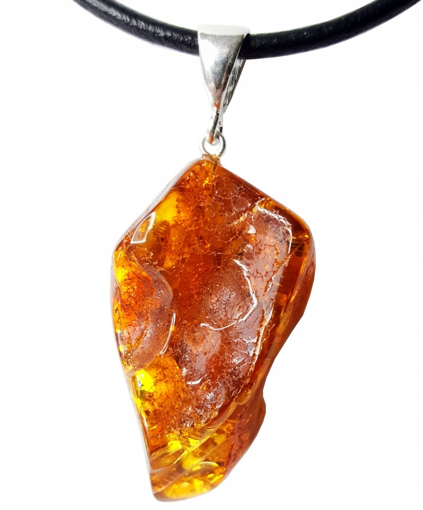 Naturalny WISIOR BURSZTYNOWY srebro NA PREZENT rzemień + CERTYF.