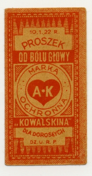Przedwojenna etykieta - Proszek od bólu głowy.1922