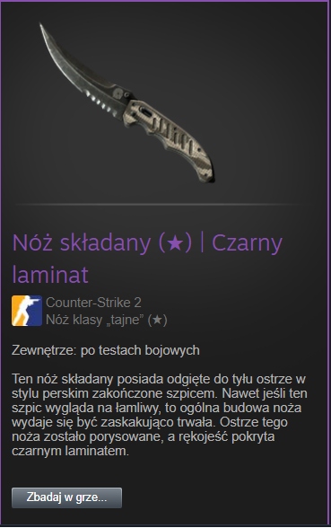 Nóż składany czarny laminat po testach bojowych skin cs2 csgo