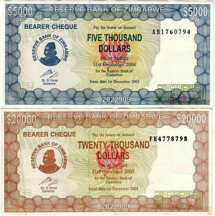 2 szt. Zimbabwe, 5000 i 20000 Dollars 2003