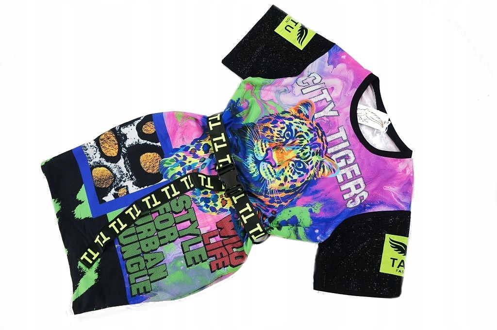 Tatu fioletowo - zielona sukienka z tygrysem S