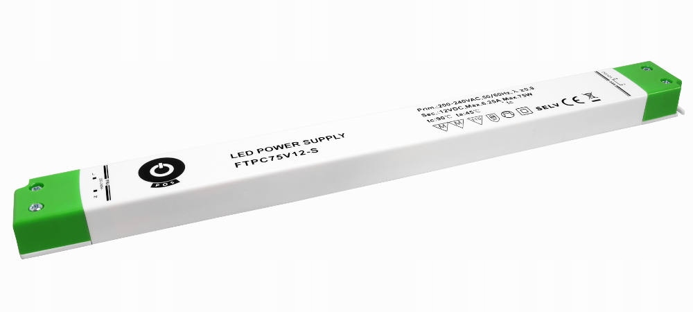 FTPC75V24-S: zasilacz LED 24V/3.125A CV, linear plastic case, 304.6x30x16.7