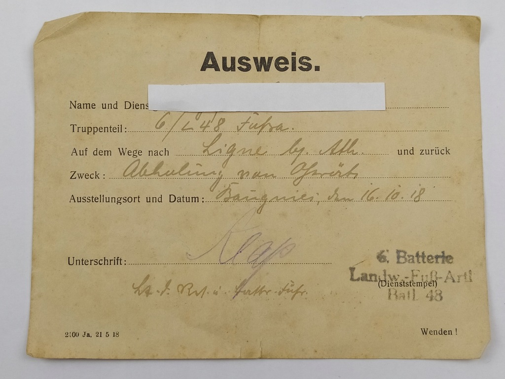 Ausweis 6 batterie Land.Fuss Artl. Bat.48 1918