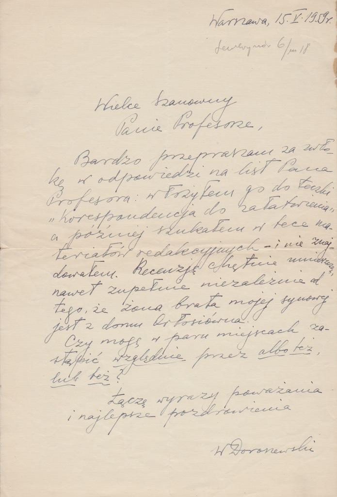 Witold Doroszewski list profesora Warszawa 1959