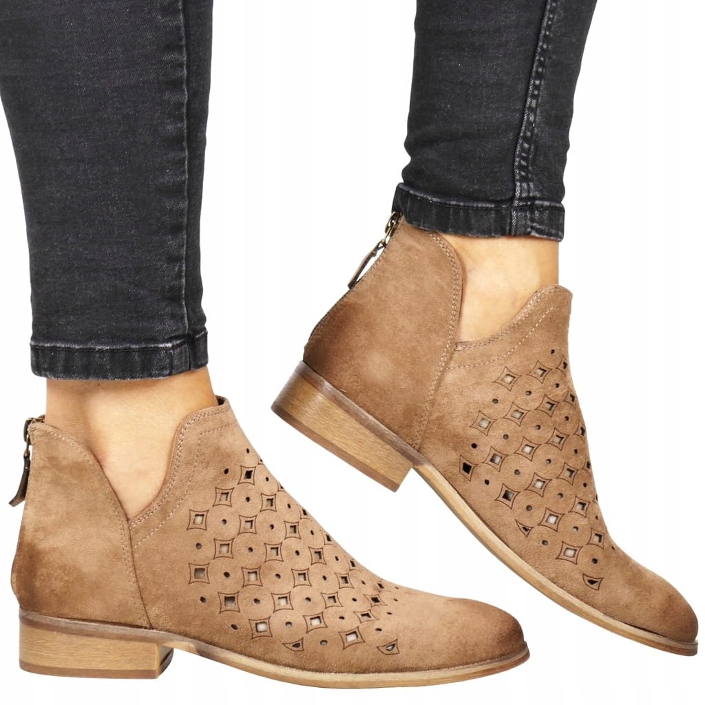 BRĄZOWE BOTKI BUTY AŻUROWE SZTYBLETY WIOSENNE PRZEJŚCIÓWKA WYGODNE PŁASKIE