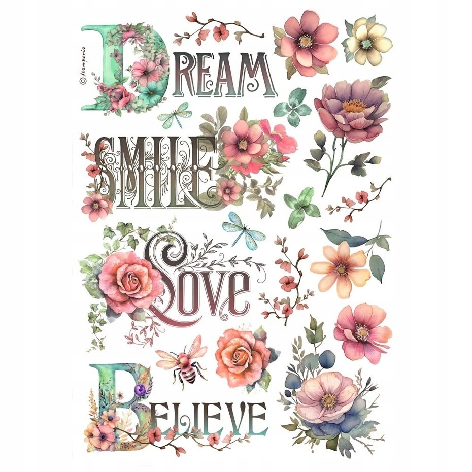 Stamperia Papier ryżowy A4 Dream, Smile, Love, Believe (DFSA4992)