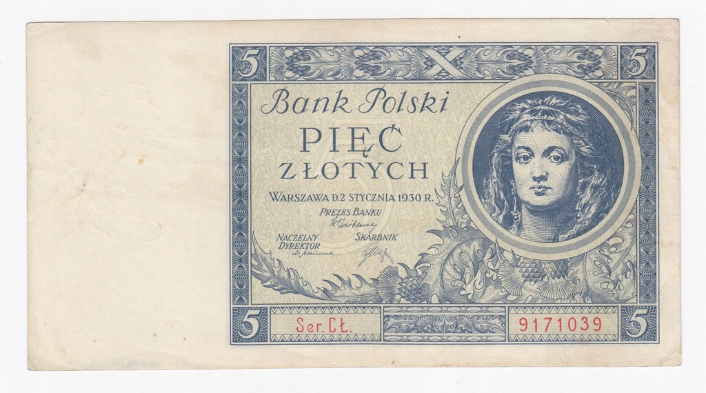 Banknot 5 zł 1930, seria CŁ, st. 3+