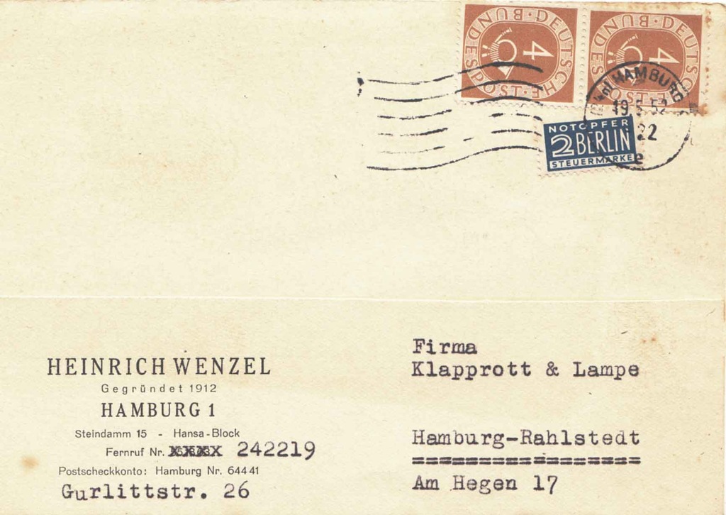 c043 - karta firmowa Hamburg 1952 rok