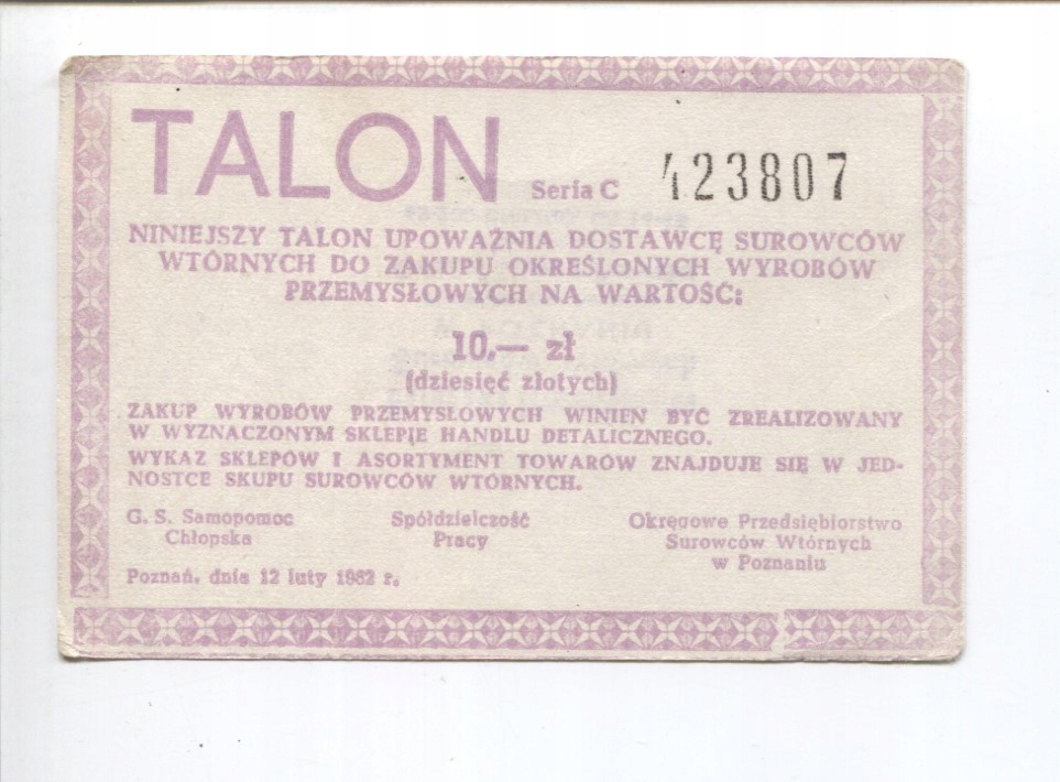 Talon za Surowce Wtórne, Gniezno, PRL, -57