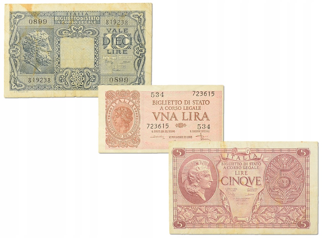 8.Włochy, Zest.Banknotów 1944 szt.3, St.3/3+