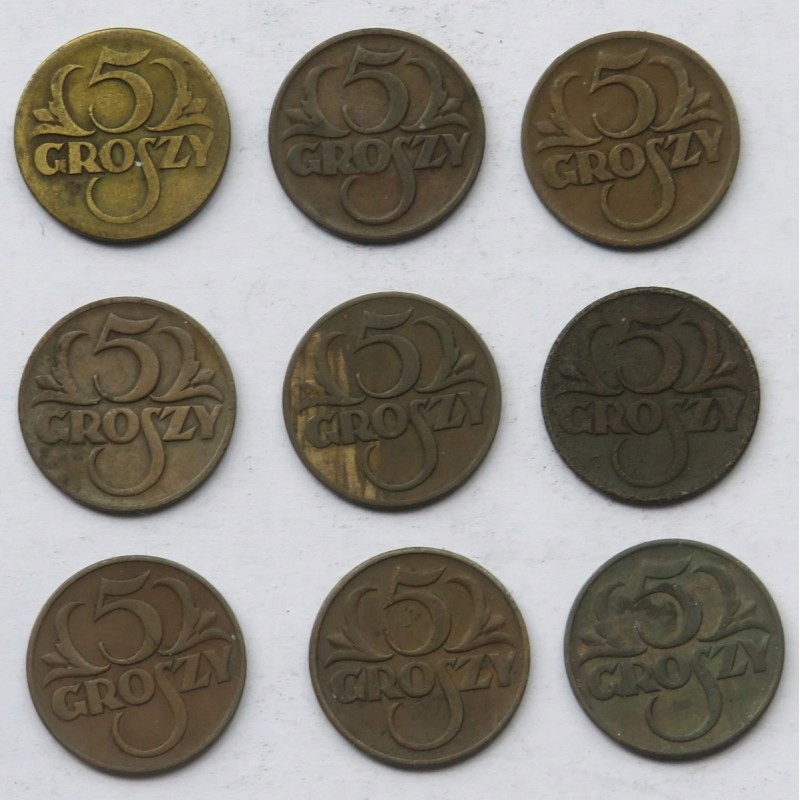 II RP, 5 groszy 1923-1939, zestaw 9 sztuk