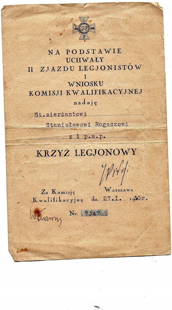 Dyplom nadania Krzyz Legionowy