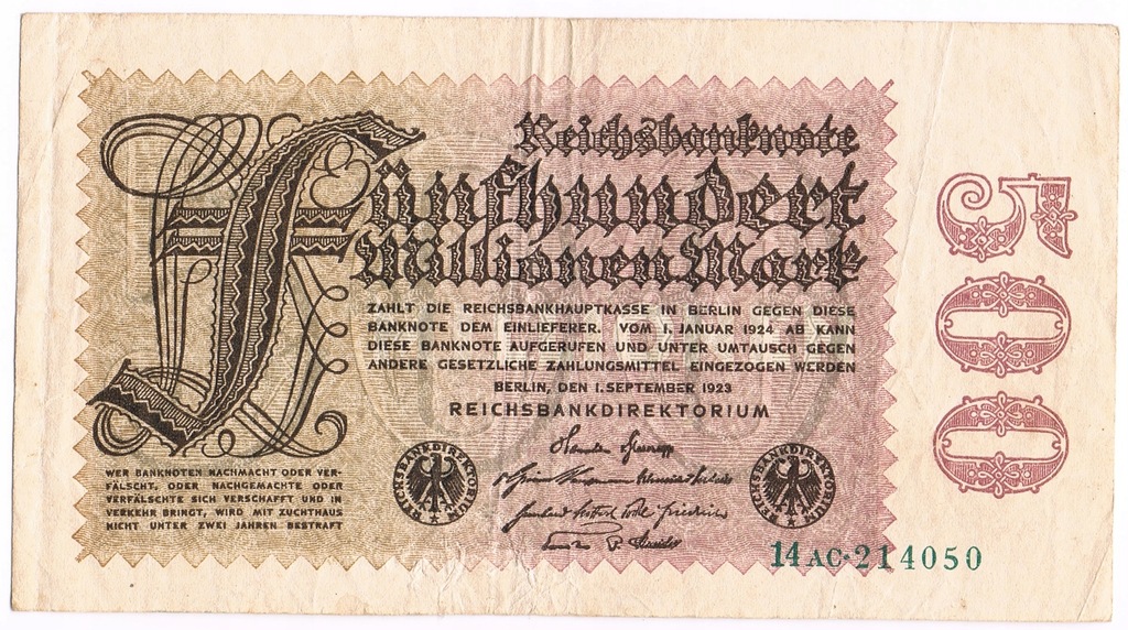 500 Milionów Marek, Reichsmark 1923, P/110a, piękny stan