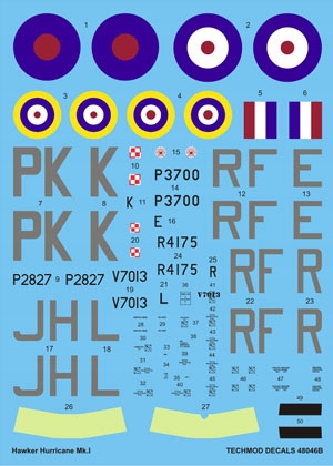 1:48 Kalkomania Hawker Hurricane MkI TECHMOD 48046