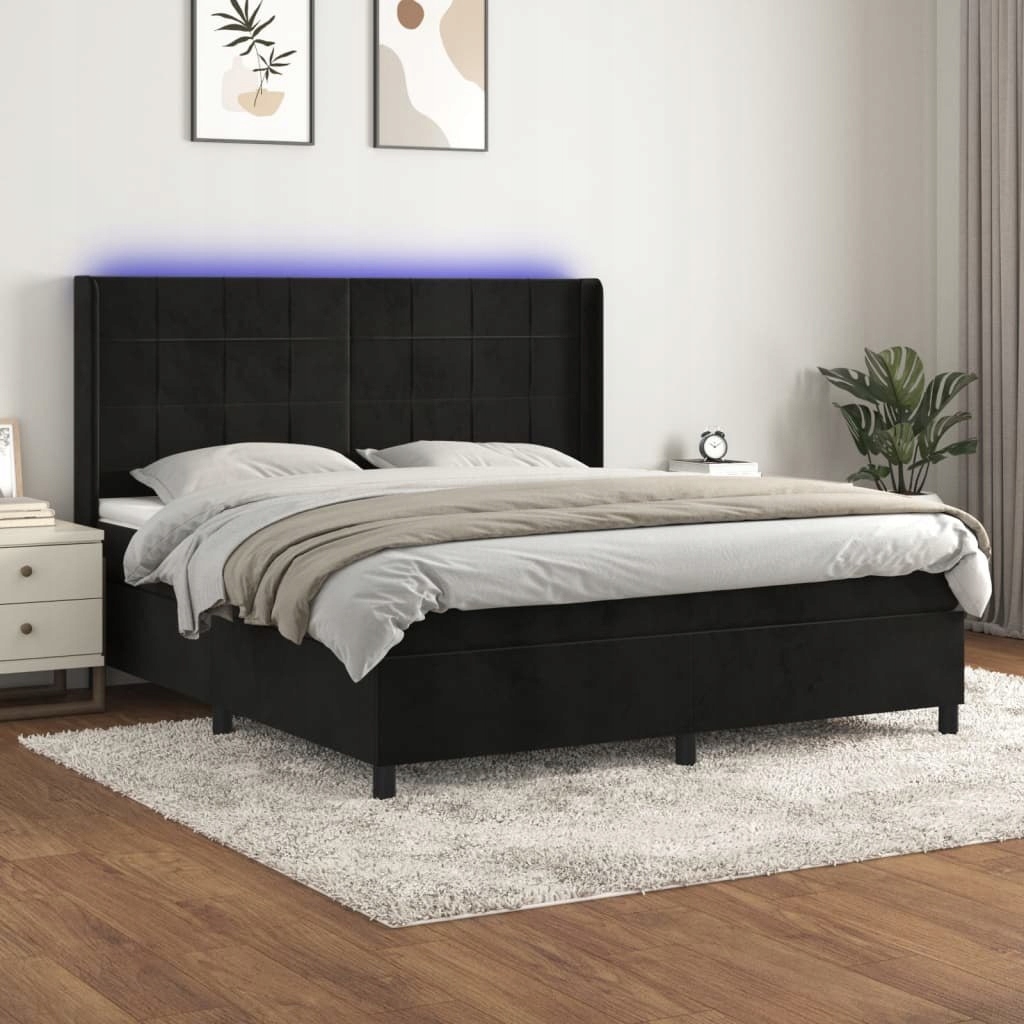 Łóżko kontynentalne z materacem i LED, czarny aksamit 160x200cm