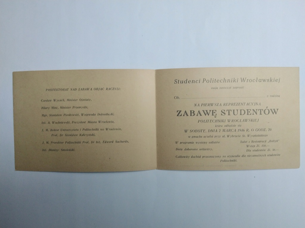 Zaproszenie na zabawę Politechnika Wrocław 1946 r.