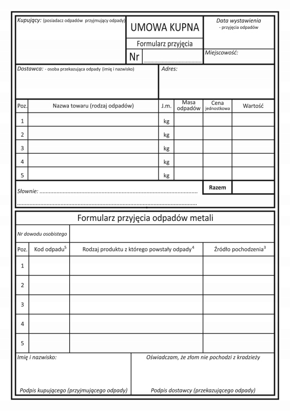 Umowa Kupna - Formularz przyjęcia odpadów metali - 8944354329