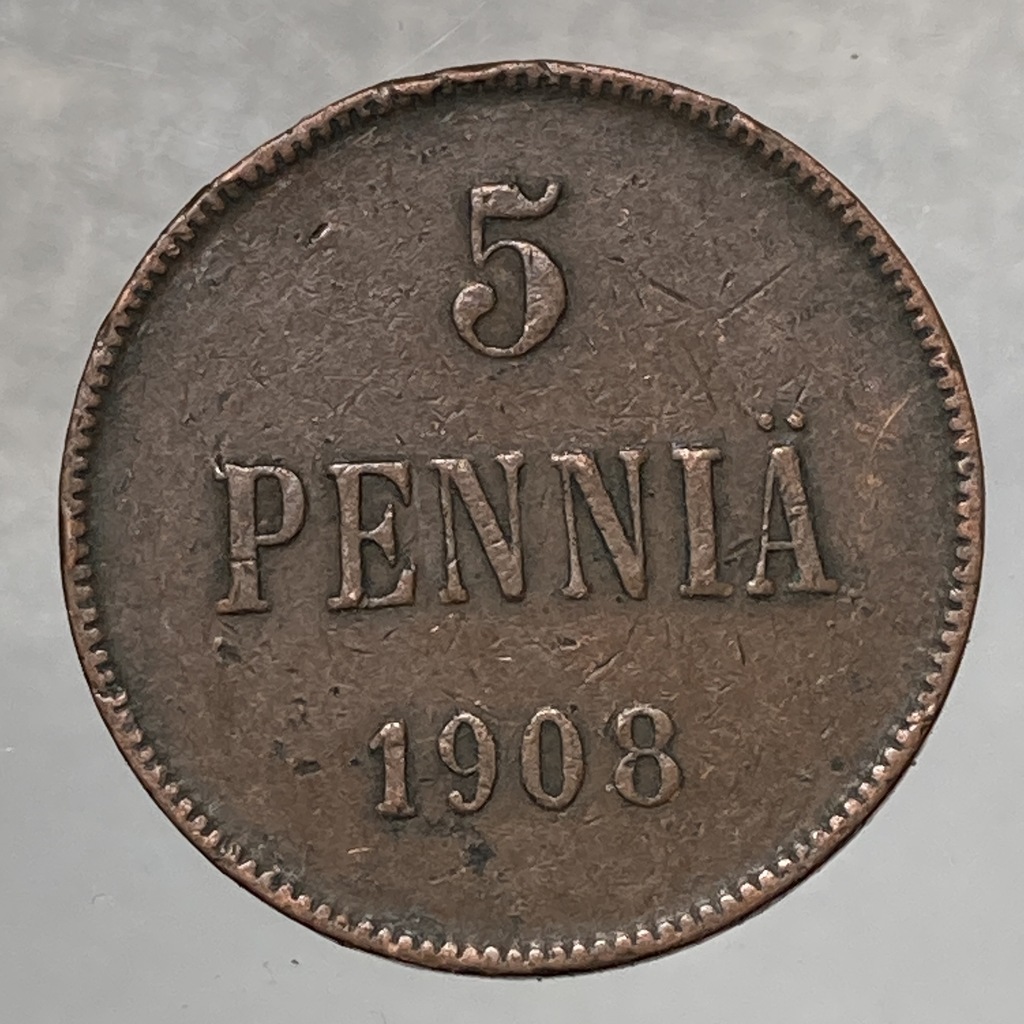 Finlandia Mikołaj II 5 pennia 1908 ładne